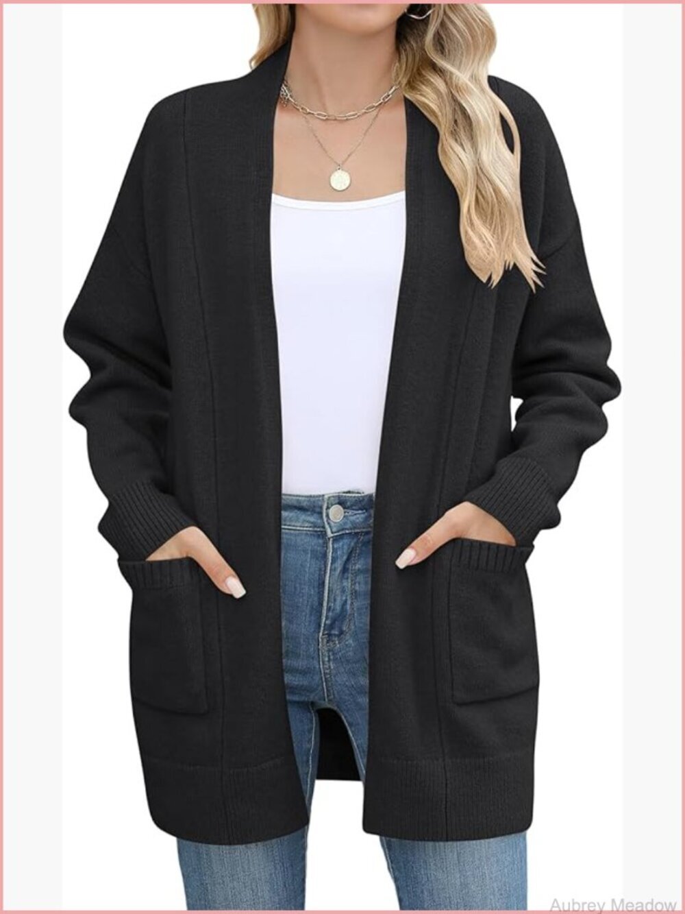 Long Sleeve Open Front Knit Cardigan Sweater with Pockets